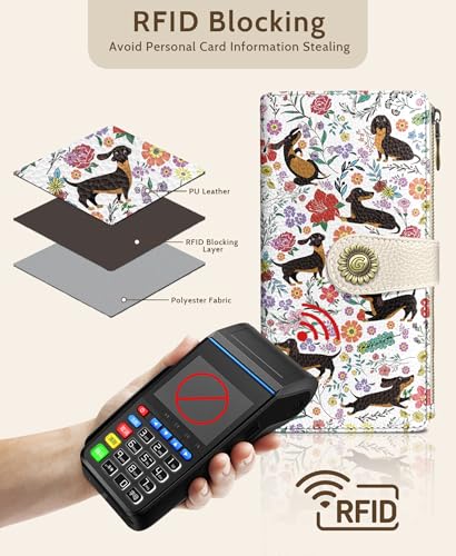 GIANCOMICS Dachshunds Dog Women Wallet RFID, Cute Credit Card Holder Bifold | Billfold, Cute Cash Purse, Travel Zipper Coin Pocket, Compact Clutch, PU Leather, ID Window, 11 Card Slots, Ladies Gift Woman - color: Dachshunds Flowers