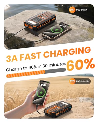 SOARAISE Solar Power Bank 48000mAh Wireless Portable Charger with 4 Cables - color: Orange