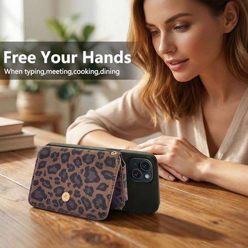 M-Plateau RFID Blocking Phone Wallet Stick on Leopard Print With Sticker | Wallet for Women Card Holder for Phone case with Snap Closure Zipper Pocket 6 Card Slots (Compatible with Most Smartphones) - color: Leopard