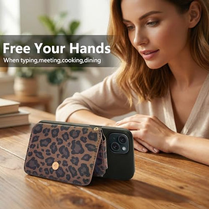 M-Plateau RFID Blocking Phone Wallet Stick on Leopard Print With Sticker | Wallet for Women Card Holder for Phone case with Snap Closure Zipper Pocket 6 Card Slots (Compatible with Most Smartphones) - color: Leopard