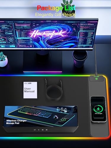 Wireless Charging Mouse Pad Gaming, 31.5"x15.8" Large Desk Mat, Waterproof - color: RGB-31.5"x15.8"-Right