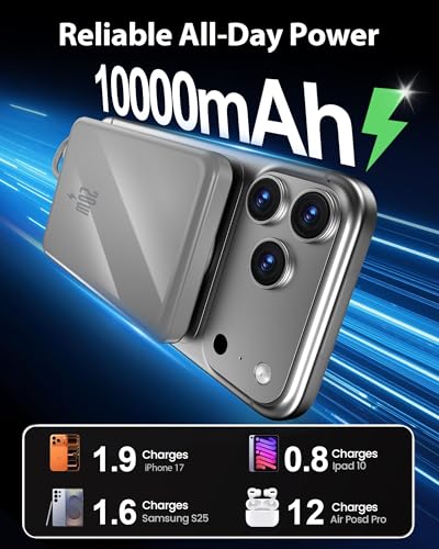 10000mAh Portable Charger, 20W Fast Charging, Built-in Cables with Handle | Charge from 20% to 85% in 30 Mins, 30% Smaller, magnetic grip, Stays Cool, LED Display, for iPhone, Samsung, Android Phones - color: 05.Grey