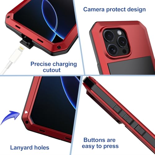 for iPhone 16 Pro Max Metal Case 6.9",Heavy Duty Shockproof Aluminum Alloy Tough Armour Military Phone Case,360 Full Body Protective Cover with Silicone Built-in Screen Protector - Red - color: Red