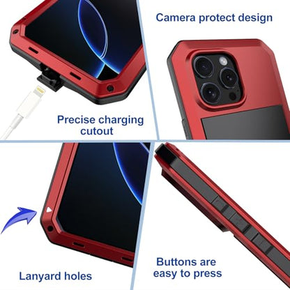 for iPhone 16 Pro Max Metal Case 6.9",Heavy Duty Shockproof Aluminum Alloy Tough Armour Military Phone Case,360 Full Body Protective Cover with Silicone Built-in Screen Protector - Red - color: Red