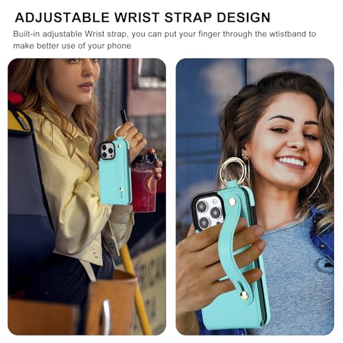 Folosu for iPhone 15 Pro Max Wallet Case with Card Holder, Hand Wrist Strap Loop Holder Kickstand, RFID Blocking Finger Grip Ring PU Leather Double Buttons Shockproof Cover 6.7" Green - color: Mint Green