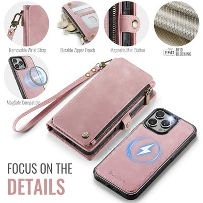 Defencase for iPhone 16 Pro Max Case Wallet Compatible with Magsafe, Pink | Drop-Proof Magnetic Detachable Phone Cases Cover, with RFID Bolcking Card Holder, Zipper Strap, PU Leather, Removable Wallet - color: (Detachable with Magsafe)-Pink