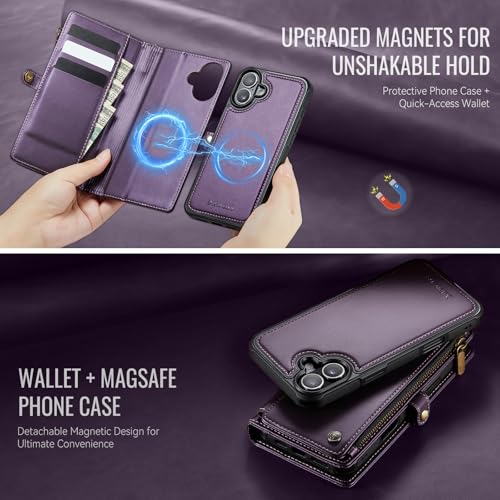 Defencase for iPhone 17 Phone Case Wallet Compatible with Magsafe, Purple | Magnetic Detachable, Drop-Proof Protective Wallet Cases Cover, with RFID Bolcking Card Holder, Zipper Strap, Soft PU Leather - color: (Detachable with Magsafe)-Purple