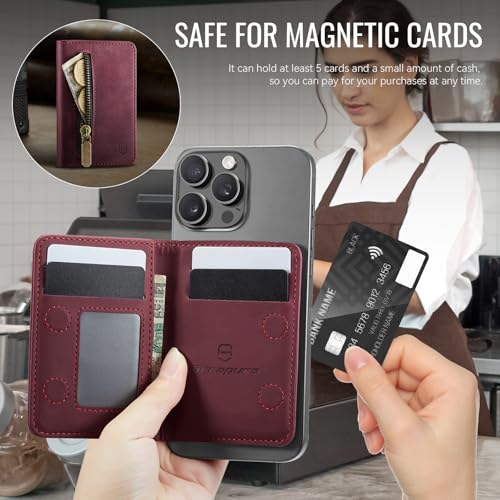 Strapurs Magnetic Card Holder Compatible with MagSafe Phones and Cases, PU Leather Phone Wallet for iPhone 17/16/15/14/13/12/Pro/Max/Plus/Air, 4 Card Slots RFID Blocking with Zipper Pocket - Burgundy - color: Wine Red