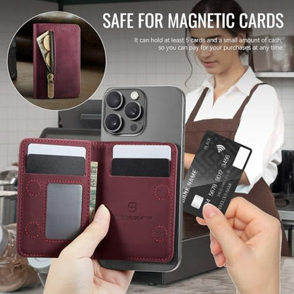 Strapurs Magnetic Card Holder Compatible with MagSafe Phones and Cases, PU Leather Phone Wallet for iPhone 17/16/15/14/13/12/Pro/Max/Plus/Air, 4 Card Slots RFID Blocking with Zipper Pocket - Burgundy - color: Wine Red