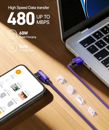 USB to USB C Cable 90 Degree Right Angle USB A USBC Cable 10FT 2Pack Purple - color: Purple, size: 10FT, style: USB A to USB C