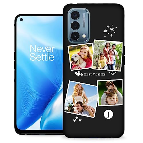 Custom Case for OnePlus Nord N200 5G Photos Collage - Personalize Name Text Date Image Initials Codes N 200 5 G Mobile Tele Smart Phone Cover Protective Durable Slim Soft Silicone Black - color: Black 09 - Heart Star Snow, 4 Photos Text