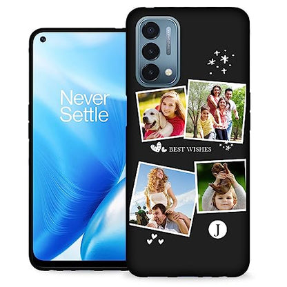 Custom Case for OnePlus Nord N200 5G Photos Collage - Personalize Name Text Date Image Initials Codes N 200 5 G Mobile Tele Smart Phone Cover Protective Durable Slim Soft Silicone Black - color: Black 09 - Heart Star Snow, 4 Photos Text