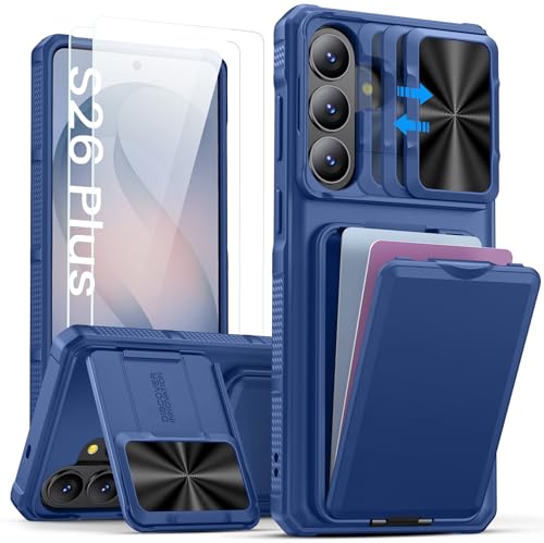 SSLOTSCASE for Samsung Galaxy S26+ Plus Case with 2X Screen Protector, [9H Hardness] Military-Grade Shatterproof, Kickstand & Card Holder & Sliding Lens Cover, Durable Phone Cover for S26+ Plus, Blue - color: Blue-SP, size: S26+ Plus