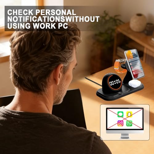 Wireless Charging Station with Clock,6-in-1 Charging Stand - color: Black