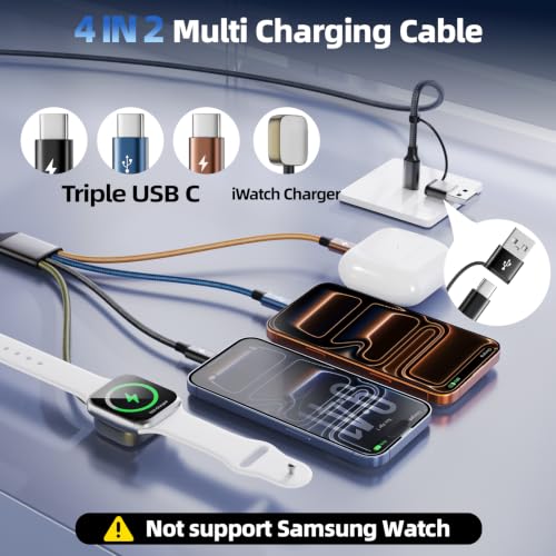 Travel Essentials Triple USB C 4in2 Multi Charging Cable for iWatch Charger - color: Dark Green&Blue&Coffee, size: AC to 2C+L+iWatch