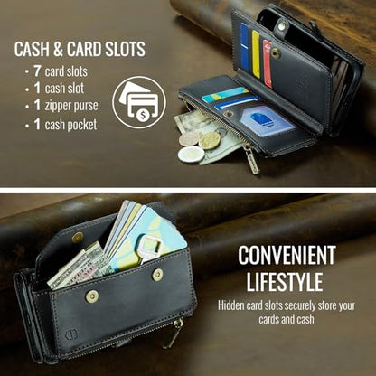 Strapurs Wallet Case Compatible with iPhone 13 RFID Blocking 7-Card Holder Soft PU Leather Magnetic Snap Shoulder Strap Zipper Pocket Phone Case Fit for iPhone 13 for Women 6.1" - Black | RFID Blocking 7-Card Holder, Shoulder Lanyard, Wirst Strap, Zipper