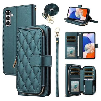 Argyle Wallet Case for Samsung Galaxy A15 5G/4G with Wrist Strap Shoulder Strap, 9+ Card Slots Zipper Purse Luxury PU Leather Stand Checkered Phone Cover for A 15 G5 15A Women Girls Green | Girls, Wrist/Shoulder Strap, 9+ Card Slots, Purse, Luxury PU Leat