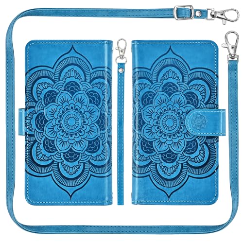 Asuwish Phone Case for iPhone 16 Pro 6.3 inch Zipper Wallet Magnetic Detachable Cell Cover with Tempered Glass Screen Protector Crossbody Strap Flower Card Holder i Phone16 i16 16Pro Women Girls Blue - color: Blue