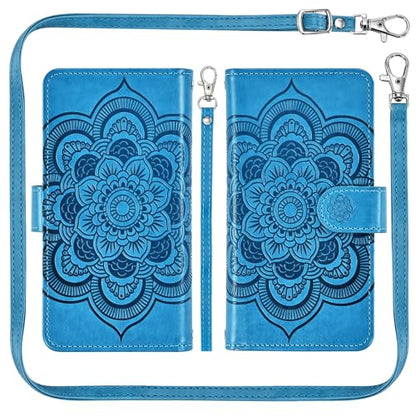 Asuwish Phone Case for iPhone 16 Pro 6.3 inch Zipper Wallet Magnetic Detachable Cell Cover with Tempered Glass Screen Protector Crossbody Strap Flower Card Holder i Phone16 i16 16Pro Women Girls Blue - color: Blue