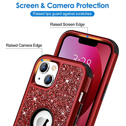 Hython Case for iPhone 13 Case Glitter, Cute Sparkly Shiny Bling Sparkle Cover, Heavy Duty 3 in 1 Hybrid Hard PC Soft TPU Bumper Full Body Shockproof Protective Phone Cases for Women Girls, Red - color: Red
