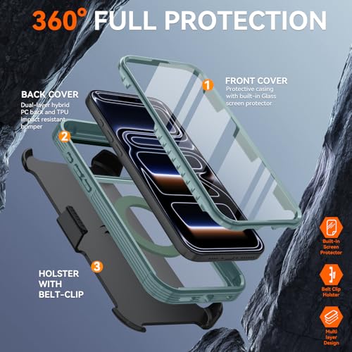 Magnetic for iPhone 17 Pro Case, Compatible with MagSafe, Full Body Rugged Case with Built-in Screen Protector & Kickstand & Belt-Clip (Green) - color: Green