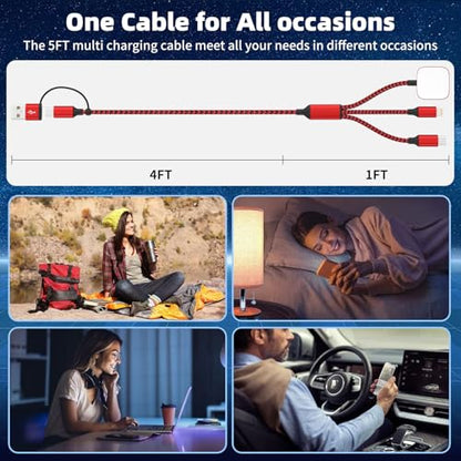 Travel Essentials 3in2 Multi Charging Cable for Apple Watch Charger,2PC 5FT - color: Red, size: AC to C+L+iWatch