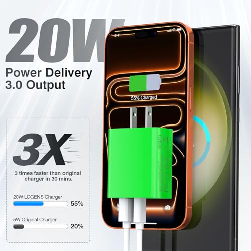 2 Pack USB C Charger Block, 20W USB-C & USB-A Port Adapter - color: Bright Green