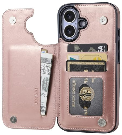 Wallet Case Compatible with iPhone 16 Plus 6.7”, Slim Protective Case with Card Holder,Premium PU Leather Kickstand Card Slots Case with Double Magnetic Clasp-Rosegold - color: Rosegold, size: iphone 16 Plus 6.7"