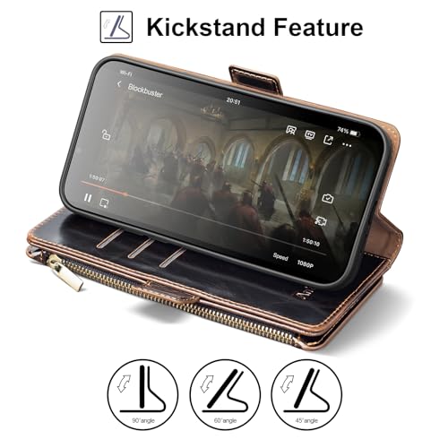 Antsturdy for iPhone 16 Pro Max Phone Wallet Case Women,Coffee | RFID Blocking,with Credit Card Holder Slots,PU Leather Purse,Zipper Pocket,Wrist Strap Kickstand,Flip Folio Cover for Men - color: Coffee