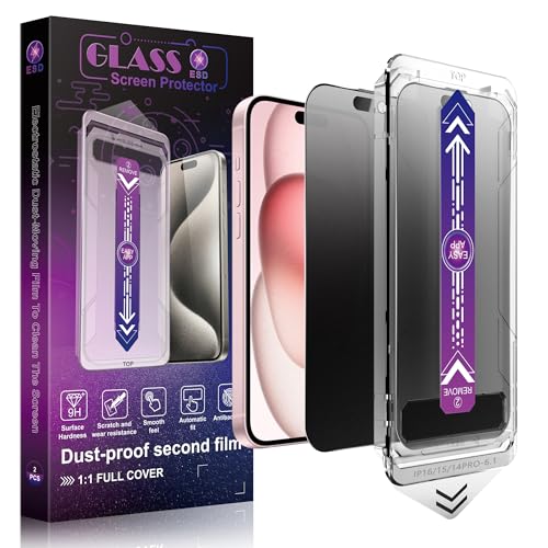 2 Pack Matte Privacy Screen Protector for iPhone 16/15/14 Pro 6.1-Inch Auto Dust Removal, No Bubbles,Anti-Spy Tempered Glass Film, Easy Installation