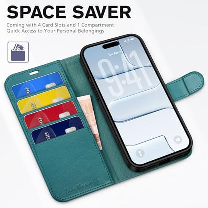 TUCCH Case Wallet for iPhone Air (6.5"), RFID Blocking Folio, Bluish Green | 4 Card Holders, Kickstand, PU Leather, Magnetic Closure, Shockproof TPU Shell, Protective Flip Cover - color: Bluish Green