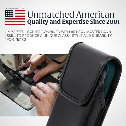 Turtleback Belt Holder for iPhone 16 Pro Max, 15 Pro Max, 14 Pro Max -Small- Fits w/Slim MagSafe Style Cases, Premium Black Leather Vertical Belt Holster Magnetic Closure Leather Wrapped Clip - color: Vertical - Leather w/ Leather Clip, size: Small