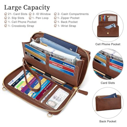 Peacocktion Womens Crossbody Wristlet Wallets with Cell Phone Pocket RFID Vegan Leather Cross Body Purses Travel - color: 03-chocolate Brown