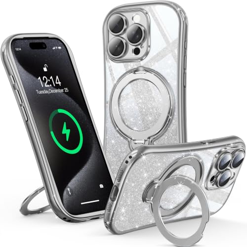 Reukdnv 360° Spin Magnetic Stand for iPhone 15 Pro Max Case [DIY Glitter Cardstock] [Full Camera Protection] [Fit for MagSafe] Shockproof Plating Glitter Bling TPU Cover for Women Girls 6.7", Silver - color: Silver Glitter, size: iPhone 15 Pro Max