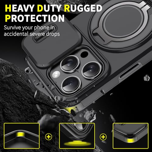 Rugged Shockproof Case for iPhone 17 Pro Max, Heavy Duty Protective Phone Case with Slide Camera Cover, 360° Rotatable Ring Stand & Magnetic Car Mount Compatible (Black,iPhone 17 Pro Max) - color: Black
