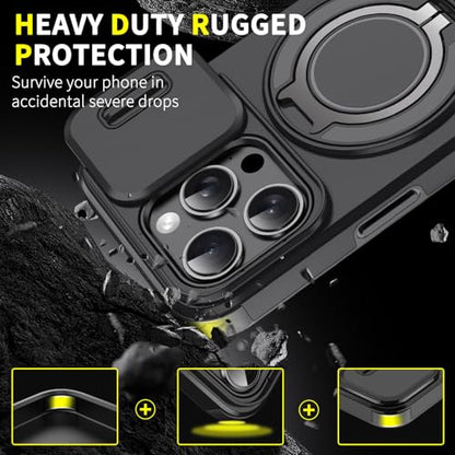 Rugged Shockproof Case for iPhone 17 Pro Max, Heavy Duty Protective Phone Case with Slide Camera Cover, 360° Rotatable Ring Stand & Magnetic Car Mount Compatible (Black,iPhone 17 Pro Max) - color: Black