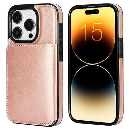 KIHUWEY Compatible with iPhone 15 Pro Wallet Case Credit Card Holder, Premium Leather Kickstand Flip Hidden Magnetic Clasp Durable Shockproof Protective Cover for iPhone 15 Pro 6.1 inch (Rose Gold) - color: Rose Gold