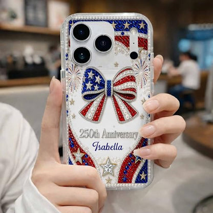 USA Anniversary Sparkling Bow, Personalized Clear Phone Case, Gift for Her