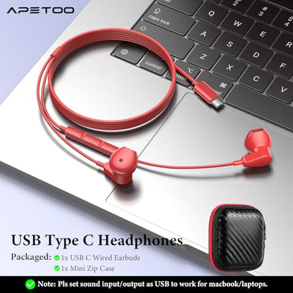 APETOO USB C Headphones for iPhone 18 Pro Max 17 16 15/iPad Air Earbuds - color: Red