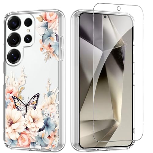 Flower Phone Case Floral for Samsung Galaxy S24 Ultra 5G 6.8'' with Screen Protector, Clear Transparent Phone Cover Slim Soft Shockproof Anti-Scratch Drop Protection Funda for Girls Women - color: Yellow Peony, size: Samsung Galaxy S24 Ultra 5G