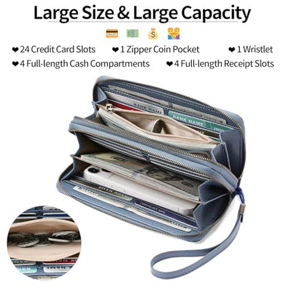GAEKEAO RFID Leather Wristlet Wallet for Women with Grip Strap | Large capacity clutch wallet, credit card holder, wrist strap, zipper purse, travel and shopping - color: A12 Embossed Ocean Blue-1