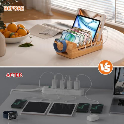 Bamboo Charging Station with 5 Port Charger HUB & 5 Cables-Natural Bamboo - color: Natural Bamboo