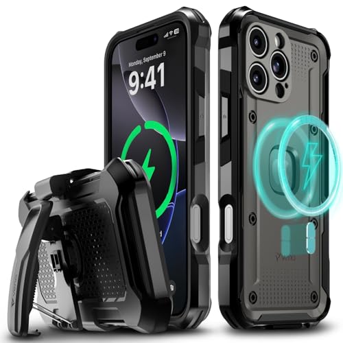 VENA vArmor for iPhone 16 Pro Max Rugged Case, Black | Military-Grade Drop Protection, Heavy Duty, Belt Clip Holster, Kickstand, Magsafe Compatible - color: Black/Graphite Gray