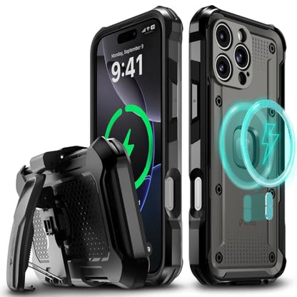 VENA vArmor for iPhone 16 Pro Max Rugged Case, Black | Military-Grade Drop Protection, Heavy Duty, Belt Clip Holster, Kickstand, Magsafe Compatible - color: Black/Graphite Gray