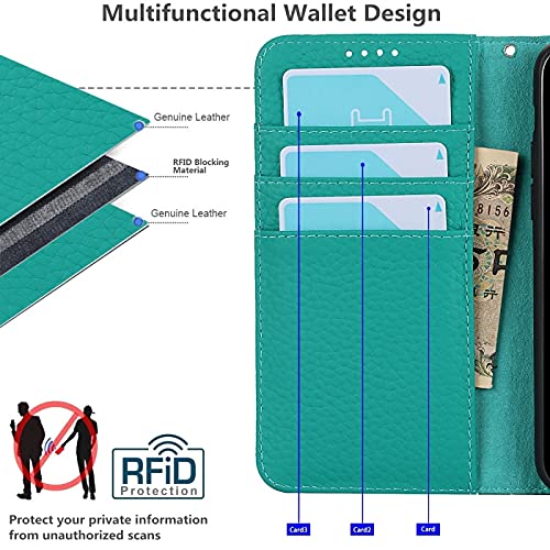 iCoverCase Compatible with iPhone 13 Pro Wallet Case with Credit Card Holder and Wrist Strap, RFID Blocking Genuine Leather Flip Magnetic Phone Cover 6.1 Inch (Blue-Green) - color: 1-Blue-Green (No Headphone Storage Belt), size: iPhone 13 Pro