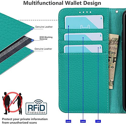 iCoverCase Compatible with iPhone 13 Pro Wallet Case with Credit Card Holder and Wrist Strap, RFID Blocking Genuine Leather Flip Magnetic Phone Cover 6.1 Inch (Blue-Green) - color: 1-Blue-Green (No Headphone Storage Belt), size: iPhone 13 Pro