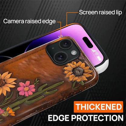 Magnetic Case for iPhone 15, Compatible with Magsafe,PC Hard Shell Silicone Inner Bumper Anti-Scratch Full-Body Cover Shockproof Slim Design Retro Cactus Sunflower - color: Retro Cactus Sunflower, size: iPhone 15