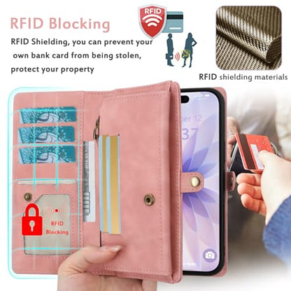 for Wallet Case Compatible with iPhone 17,Multi-Function Detachable 2 in 1 Magnetic iPhone 17 Case Wallet,Flip Strap Zipper Card Holder Phone Case with Shoulder Straps (Pink) - color: Pink, size: iPhone 17