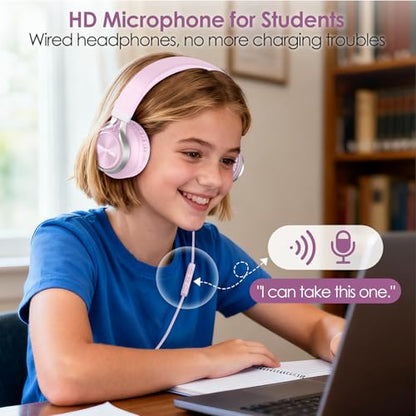 INFURTURE USB C Headphone for Kids & Adults Over-Ear Wired Pink Headphone - color: Rose Pink