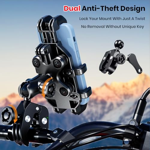 Motorcycle Phone Mount Holder with Vibration Dampener Anti-Shake 720° Adjustable for iPhone 16 Pro Max for Samsung 5.4''-6.9'' Phone Anti-Theft Dirt Bikes(Clamp Base 0.47-1.77" Handlebar) - style: Clamp Base